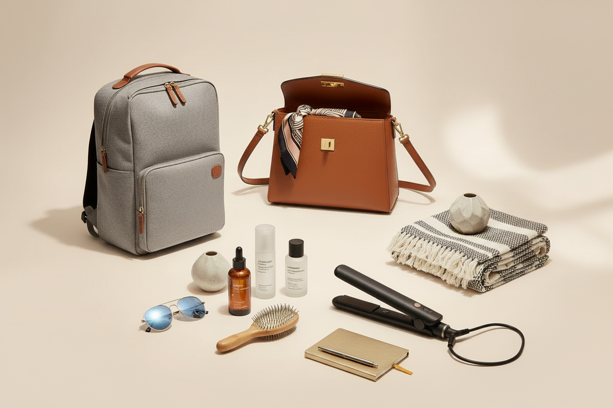 Curated flat lay of SB9APEXSHOP collections including fashion bags, women's clothing, skincare bottles, pet grooming brush, home decor items and wireless hair tool on a warm neutral background