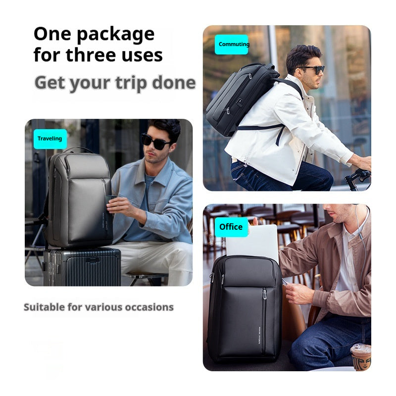 Multifunctional backpack used for traveling, commuting, and office work with text highlighting its versatility.