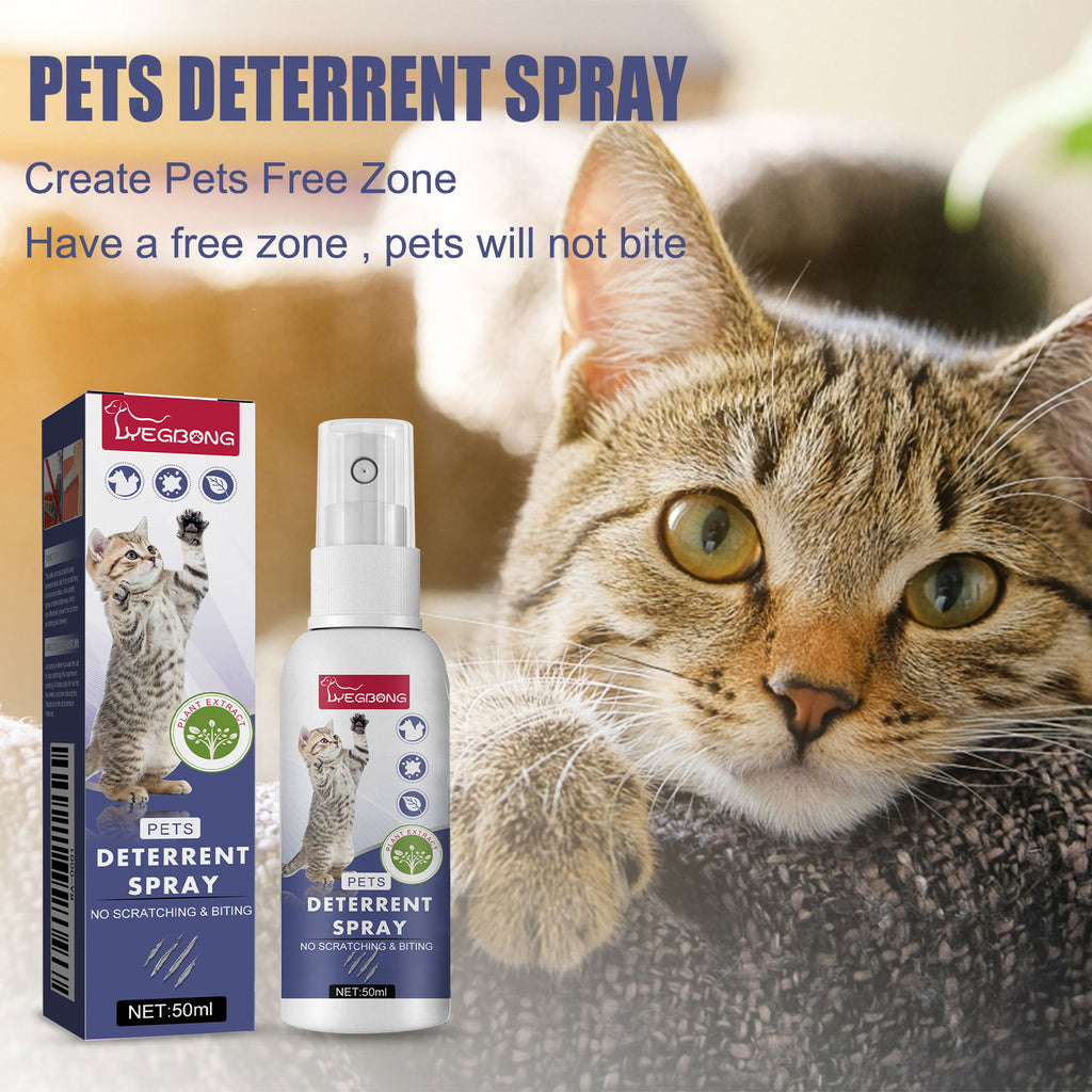 Cat deterrent spray with packaging and a cat in the background