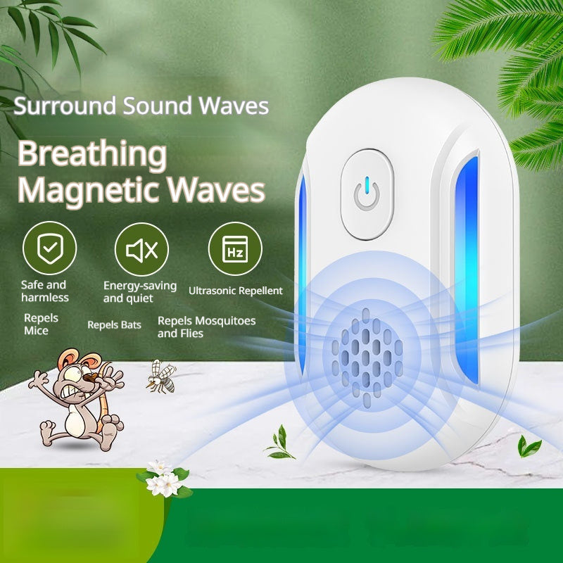 A white electronic mosquito repellent device with blue light accents, shown on a green promotional background with text describing sound and magnetic wave functions, plus small illustrative icons of insects and a cartoon character.