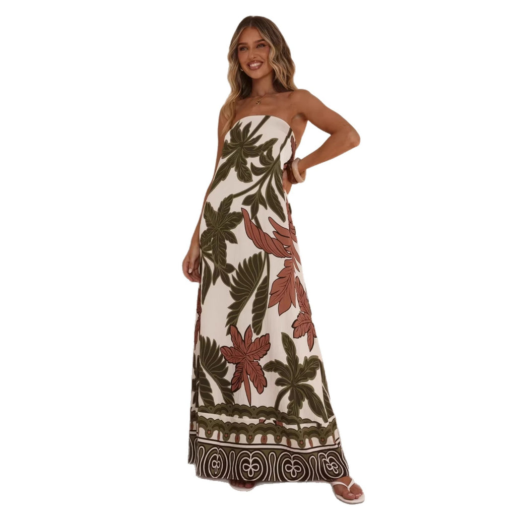 Woman wearing a strapless dress with floral pattern on a white background