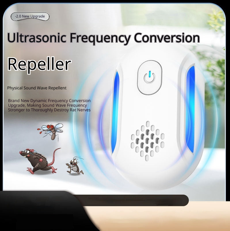 A white ultrasonic frequency conversion repeller device with blue light accents, shown with marketing text and cartoon rats on a blurred background.