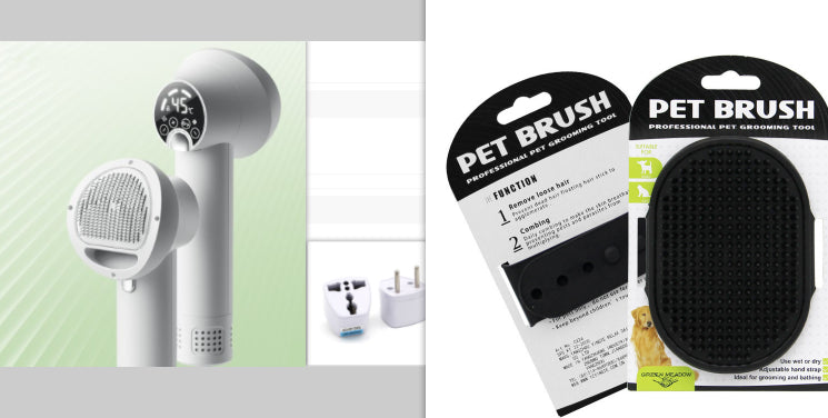 White grooming tool with packaging of pet brushes on a light gray background