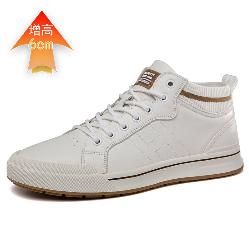 A white mid-top sneaker with a gum brown sole and a brown accent stripe on the side, shown on a white background with an orange arrow graphic indicating a 6cm height increase.
