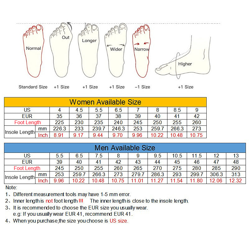 Foot size chart for women and men with measurements and visual illustrations of foot shapes.