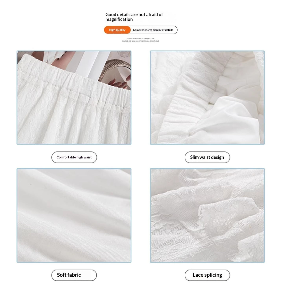 Product details of a white garment with text labels on a white background