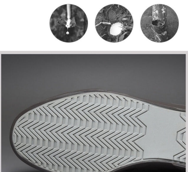 Close-up of a shoe sole with tread pattern and inset images showing water droplets and dirt being repelled.