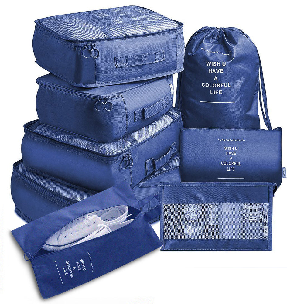 Set of black travel packing cubes and bags with text on a white background