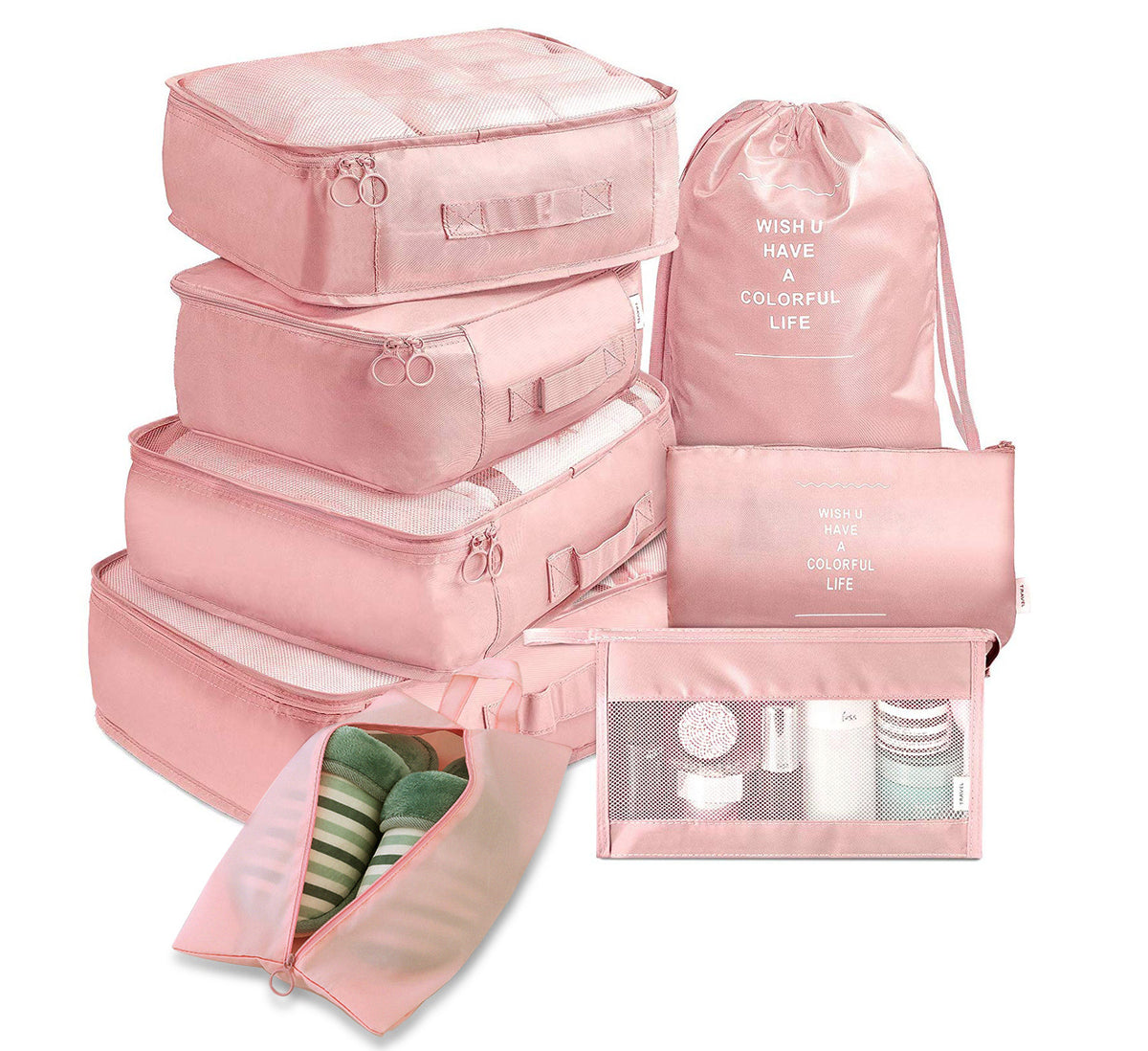 Set of pink packing cubes and bags with text on a white background