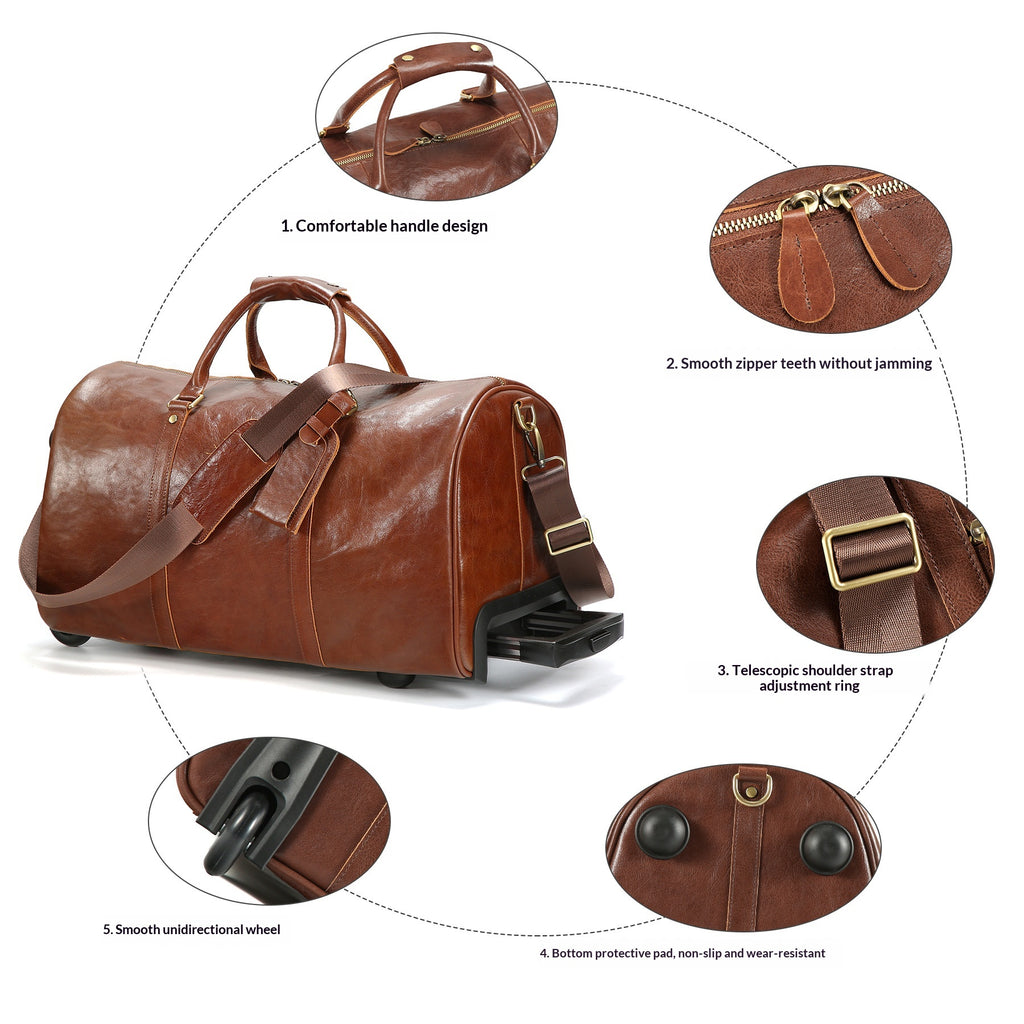 Brown leather duffel bag with multiple feature callout circles and text labels on a white background, showing handle comfort, zipper smoothness, buckle detail, wheel smoothness, and protective pad.