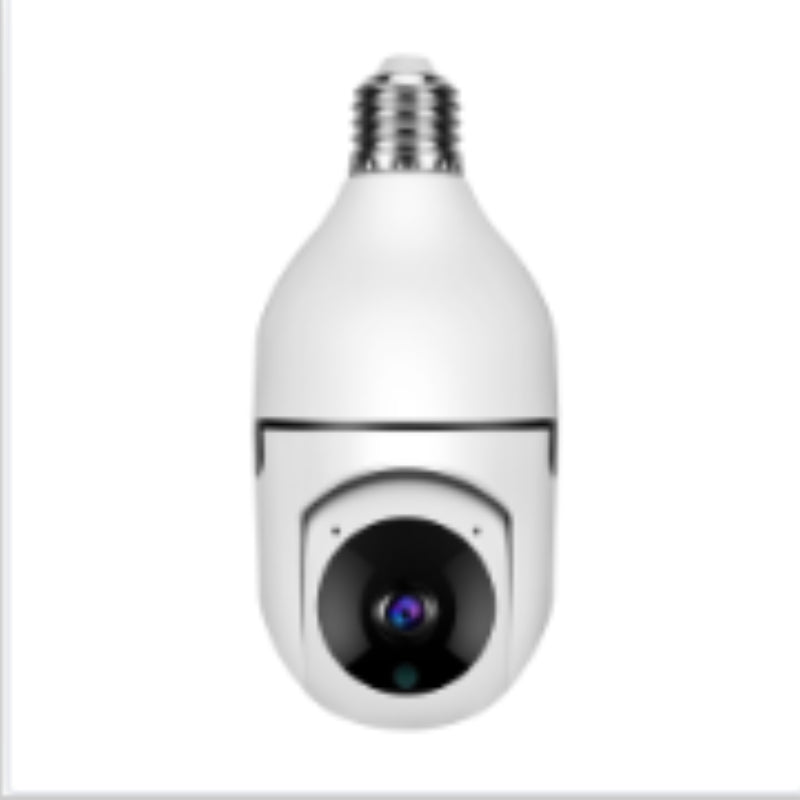 A white smart security camera designed in the shape of a light bulb with an integrated E-LED socket, featuring a black lens and a purple accent ring, shown against a plain white background.