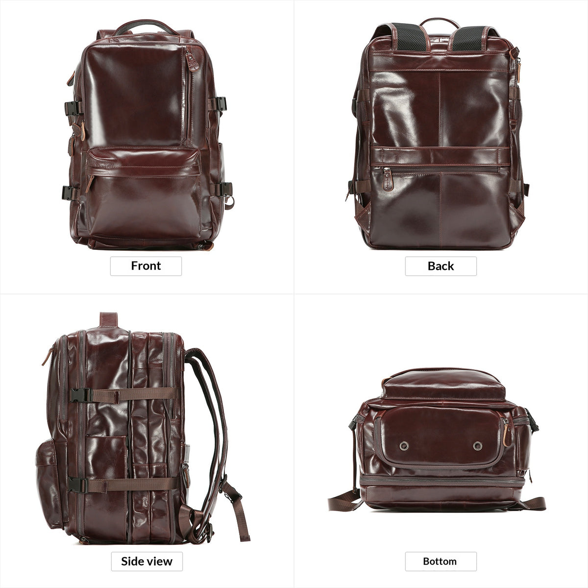A dark brown leather backpack shown from four angles: front, back, side view, and bottom. The image is arranged in a 2x2 grid on a white background with labels underneath each view.