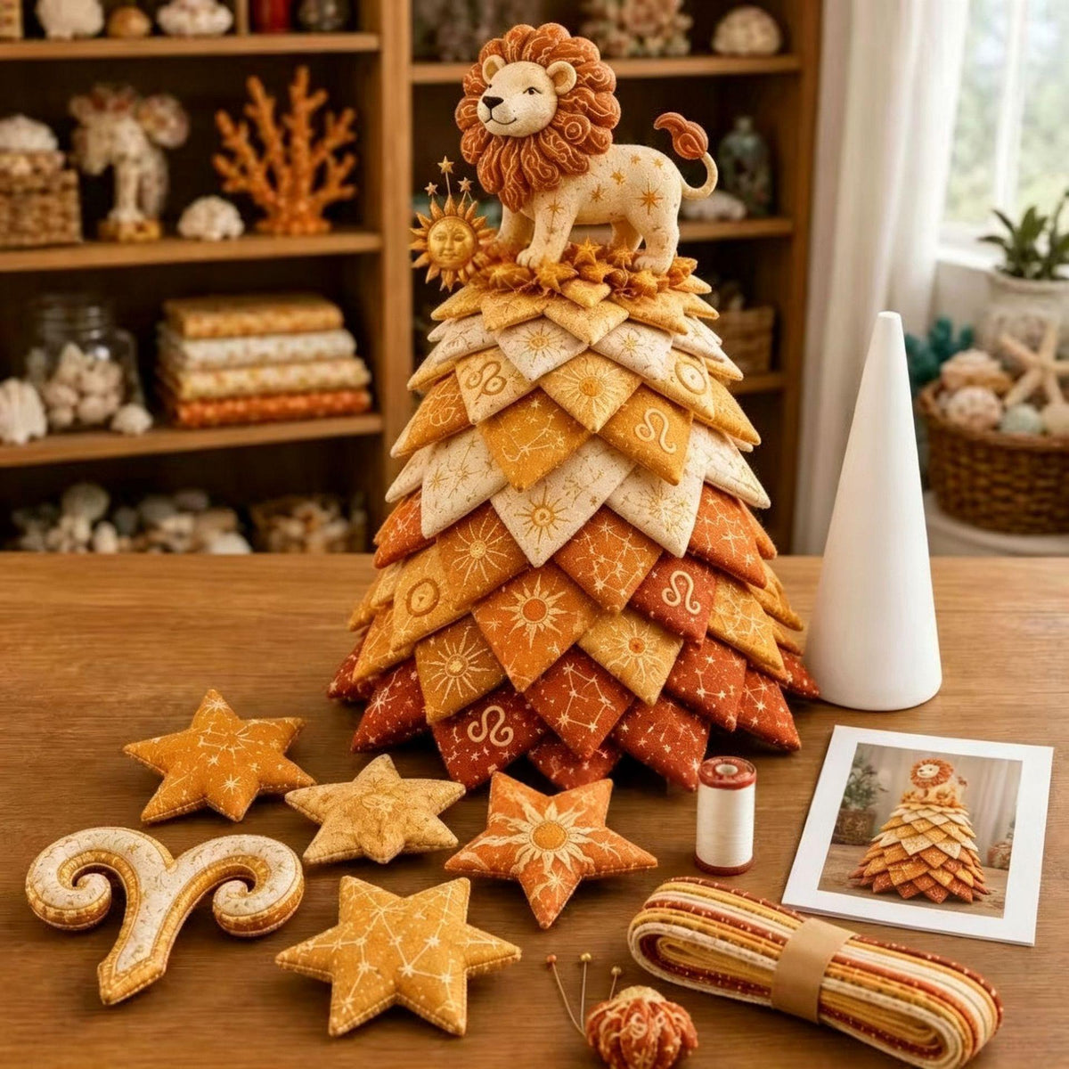 A decorative handmade quilted cone shaped like a Christmas tree, topped with a lion figurine, displayed on a wooden table with star and scroll quilted pieces, a cone, thread, pins, and a printed pattern in a cozy craft room setting.