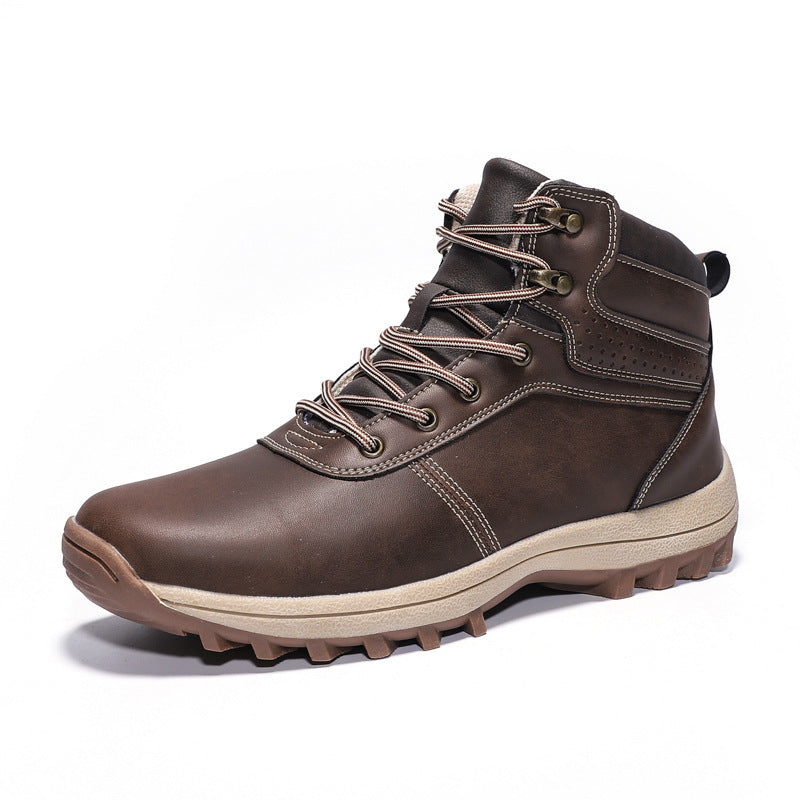 Brown hiking boot with beige sole on a white background