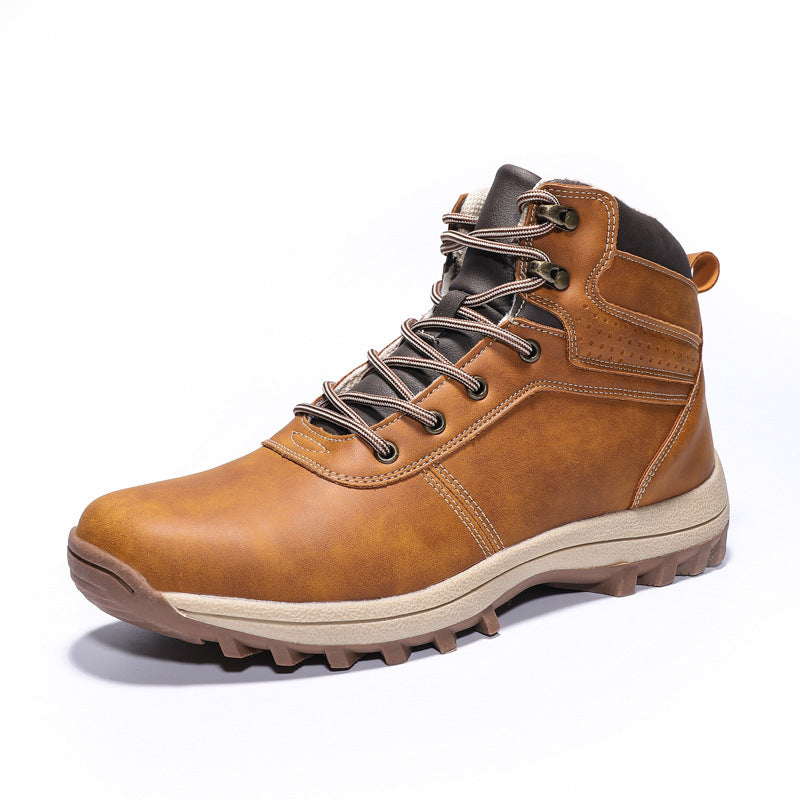 Brown hiking boot with laces on a white background