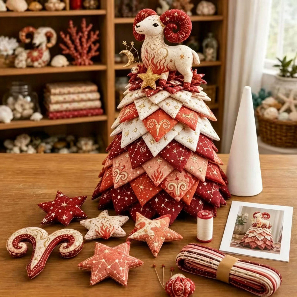 A handmade fabric Christmas tree decoration made from layered red and cream patterned fabric squares, topped with a cream ram figurine. The tree stands on a wooden table with matching fabric stars, a candy cane ornament, thread, and a printed photo in a cozy craft room setting.