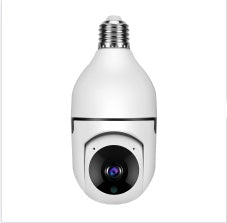 A white smart bulb security camera with an integrated camera lens on the front and a screw base at the top, shown against a plain white background.