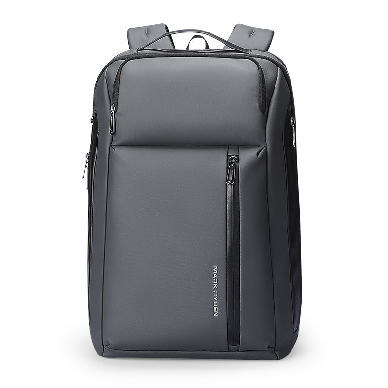 Gray backpack with brand name on a white background
