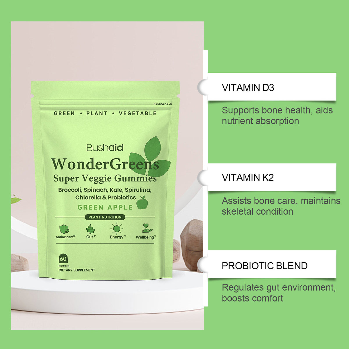 Green package of Bushell WonderGreens Super Veggie Gummies with text on a green background