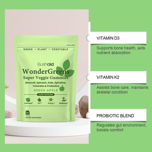 Green package of Bushell WonderGreens Super Veggie Gummies with text on a green background