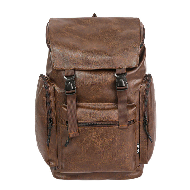 Brown leather backpack on a white background