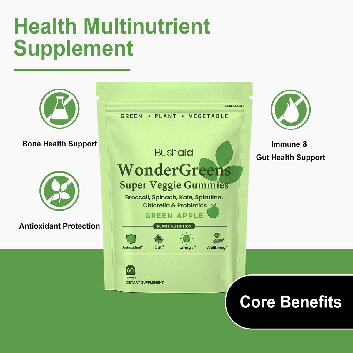 Bushell WonderGreens Super Veggie Gummies packaging with health benefits listed on a green background