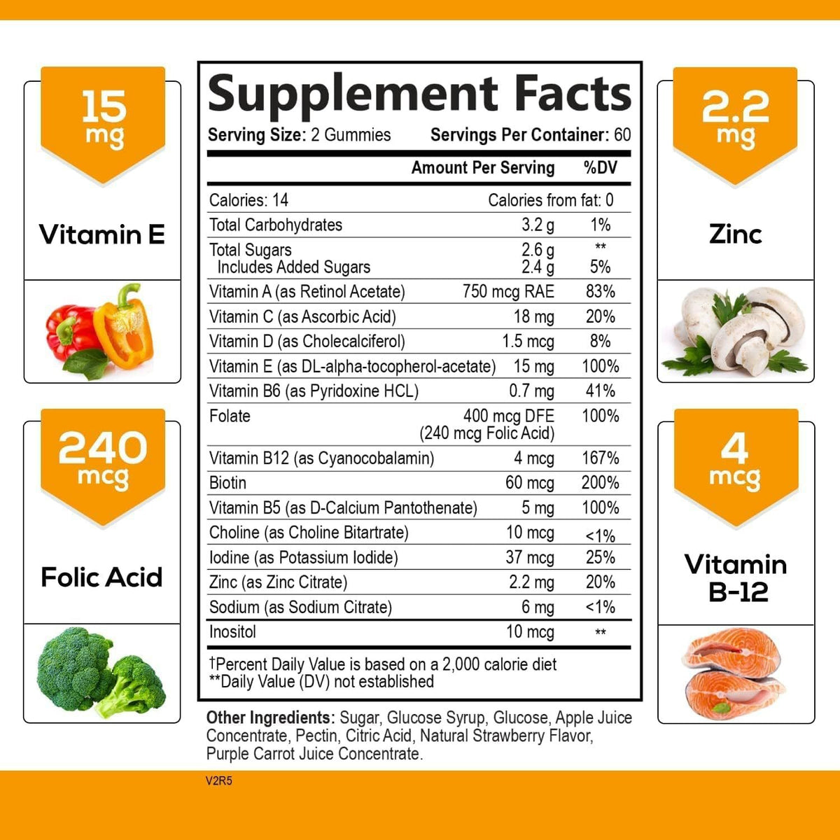 Supplement facts label with various vitamins and minerals on a yellow background