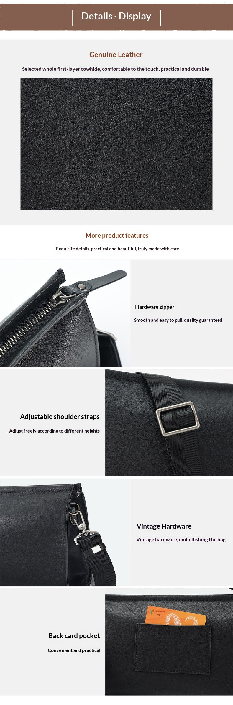 A product information collage showing a black leather shoulder bag from multiple angles, with text callouts for genuine leather, hardware, adjustable strap, and back pocket.