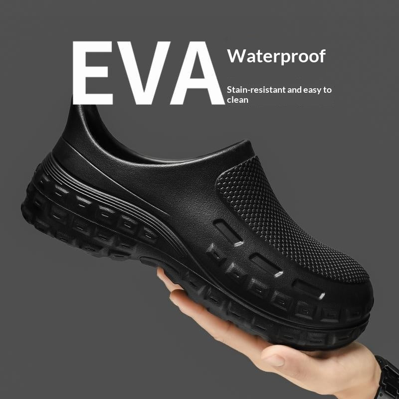 A black EVA slip-on shoe held in a hand against a dark gray background, with white text overlays reading 'EVA Waterproof' and 'Stain-resistant and easy to clean'.