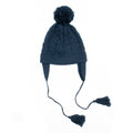Blue knit hat with earflaps and pom-poms on a white background