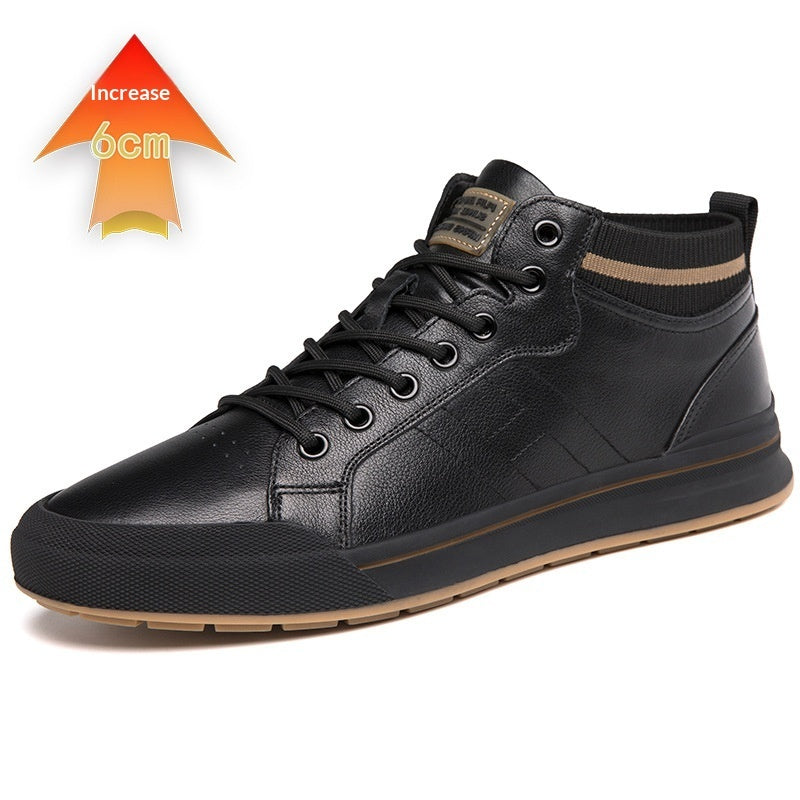 A black mid-top leather sneaker with black laces, black eyelets, a black collar, and a tan outsole, shown on a white background with an orange and yellow 'increase 6cm' graphic overlay in the top-left corner.