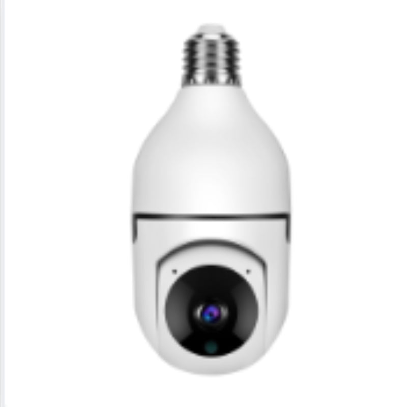 A white bulb-shaped security camera with a black lens and a silver screw base, shown against a plain white background.