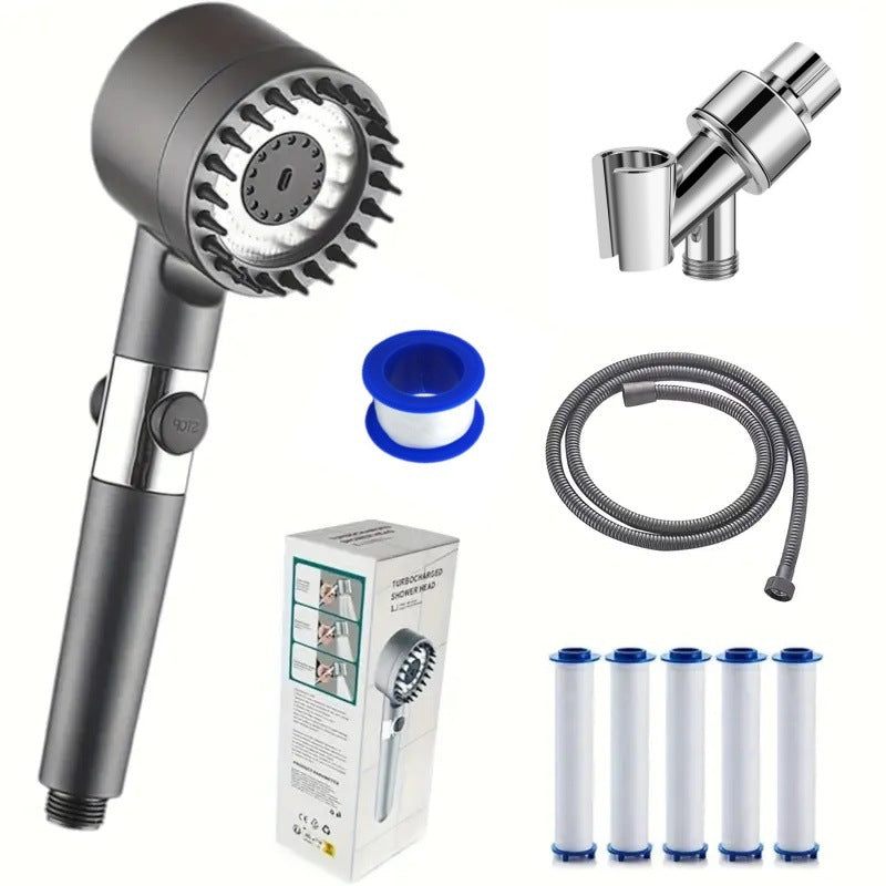 Handheld shower head with accessories on a white background