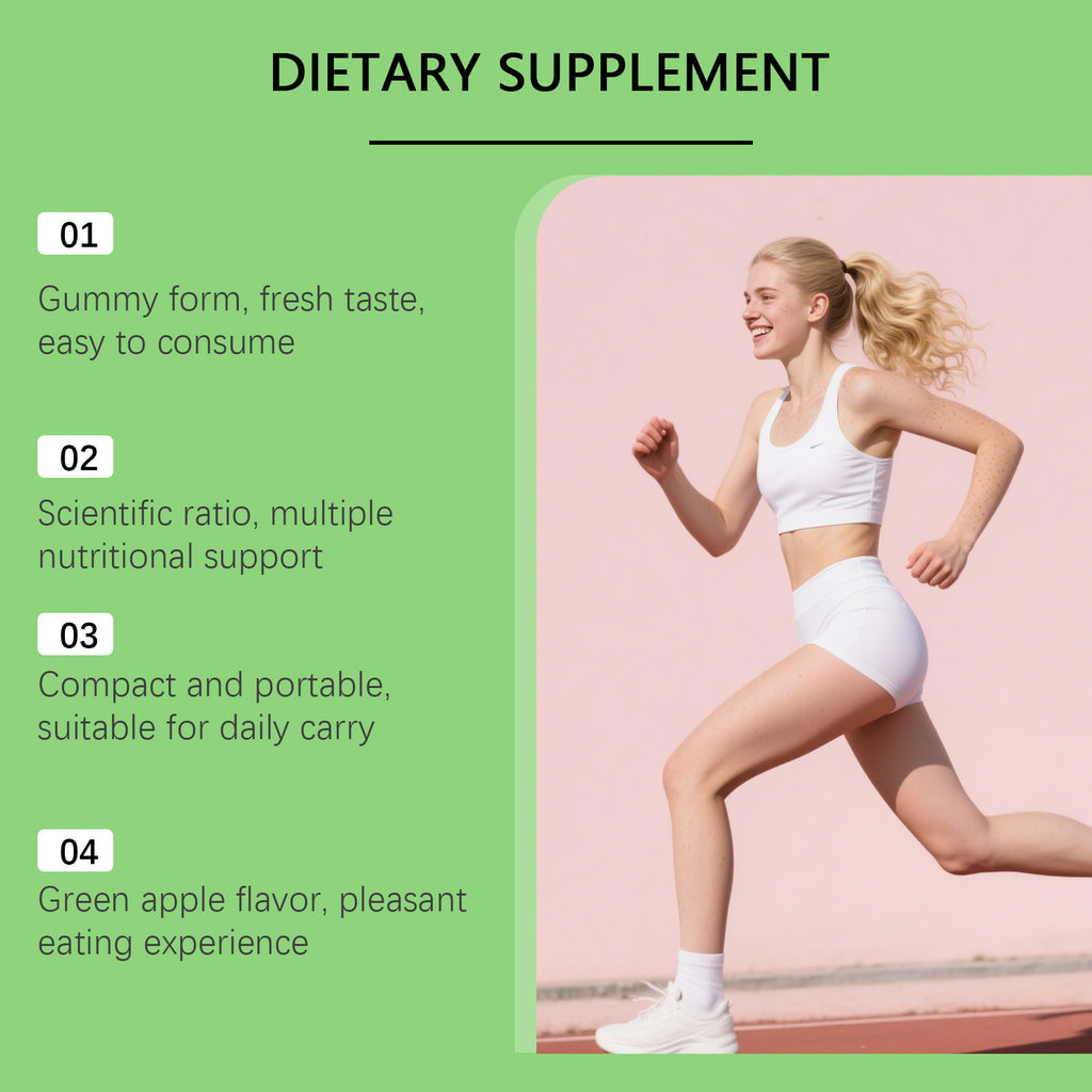 Woman running on a pink track with dietary supplement text on a green background