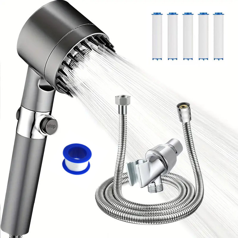 Handheld shower head with flexible hose and filters on a white background