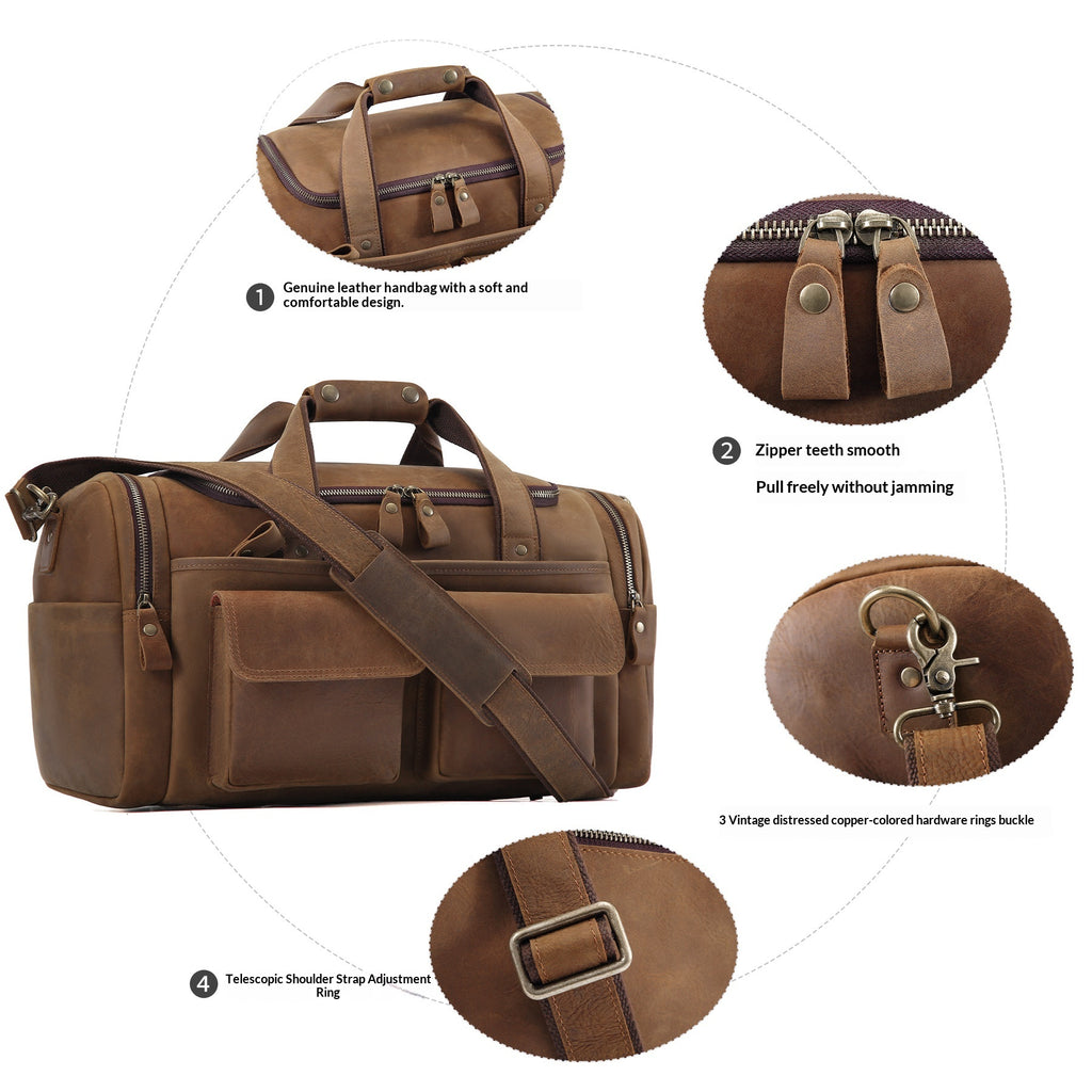 A brown leather duffel bag shown on a white background with four circular detail callouts and text labels highlighting features such as leather handling, zipper pull, hardware, and buckle adjustment.