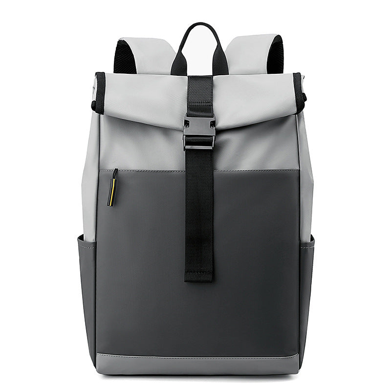 Gray and white backpack with black straps on a white background