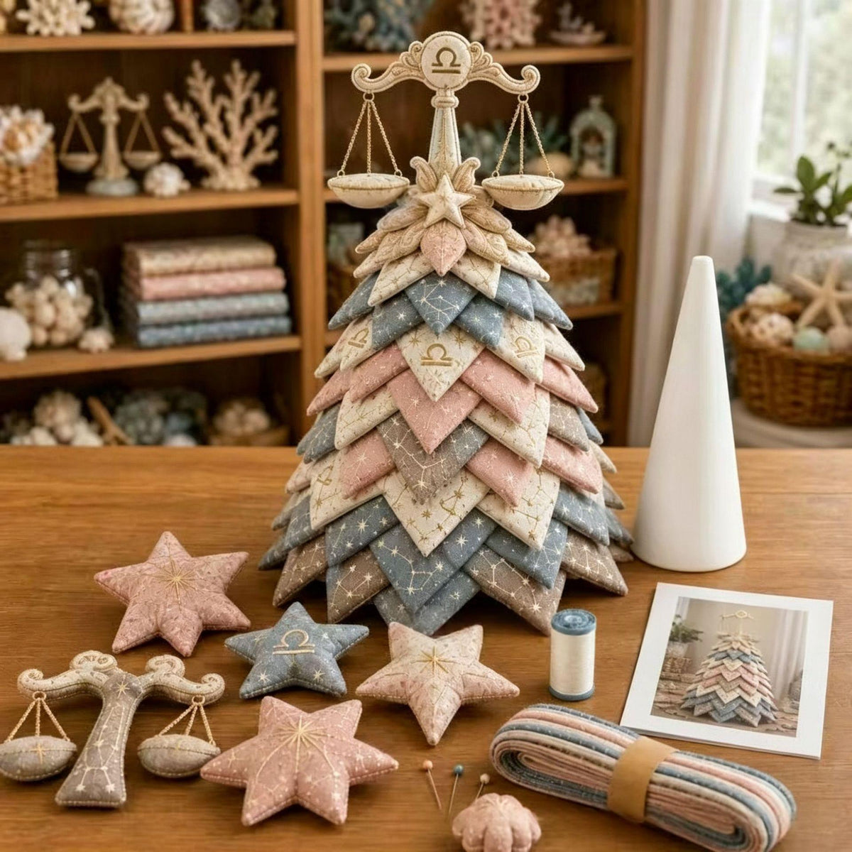 A handmade fabric Christmas tree decoration made of layered star-shaped patches in blush pink, dusty blue, and cream, displayed on a wooden table with matching star ornaments, a cone-shaped holder, and a small printed photo in a cozy craft room setting.