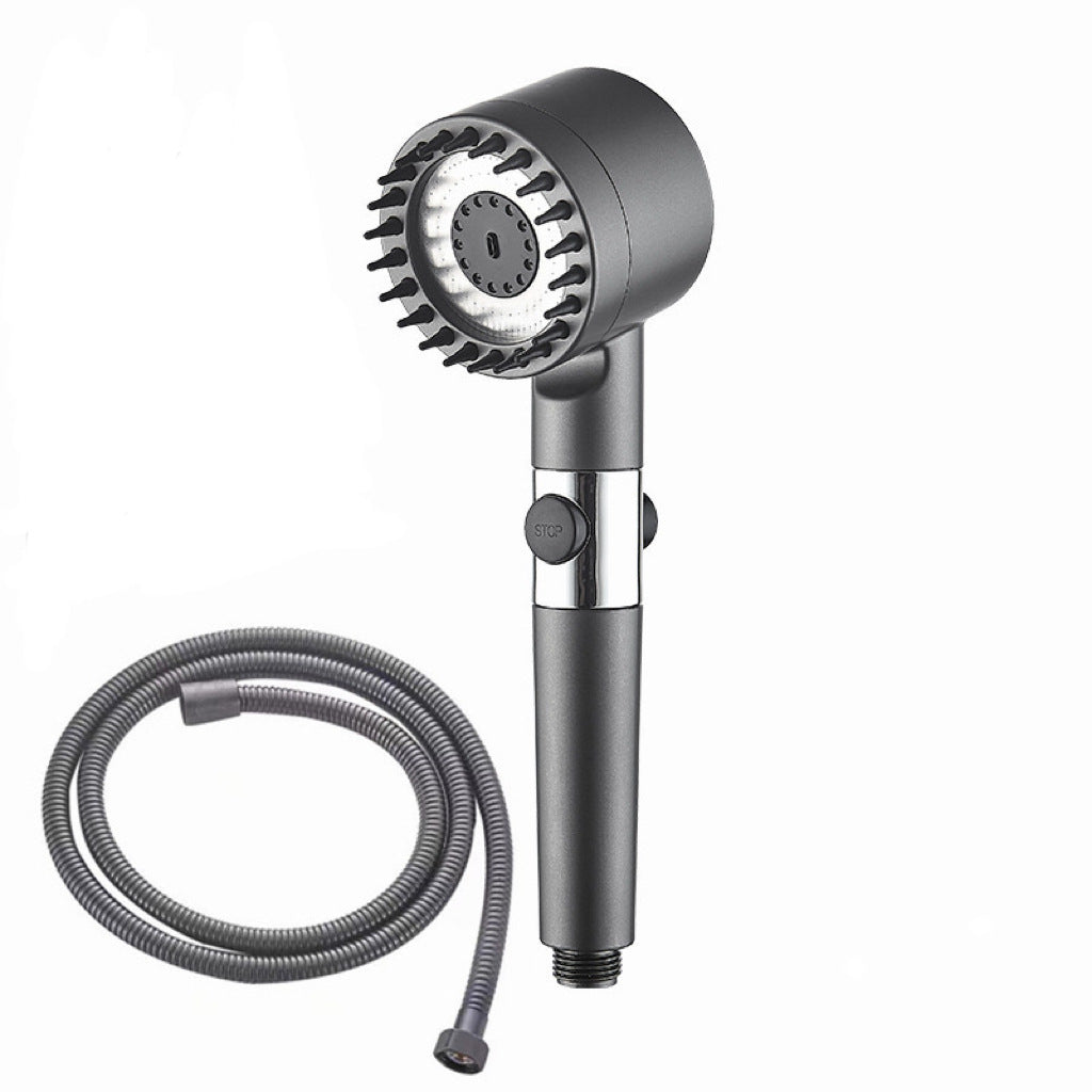 Handheld shower head with flexible hose on a white background