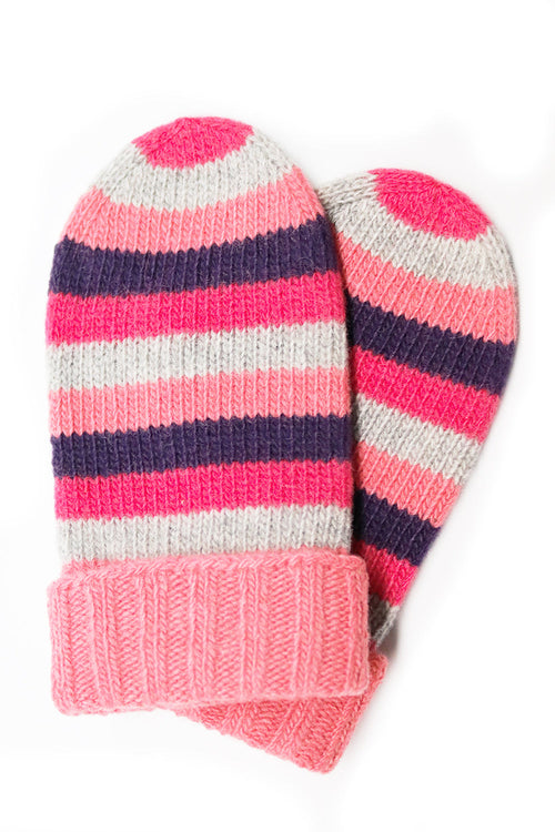 Pair of striped mittens with pink, purple, and gray pattern on a white background