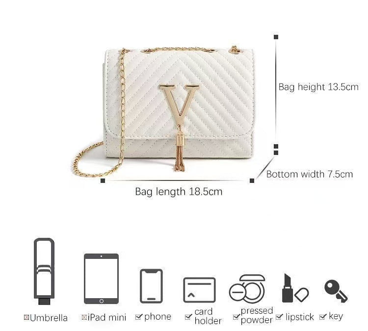 White quilted handbag with a gold-tone Y-shaped front detail and chain strap, shown with dimension labels for length, height, and width, plus small product compatibility icons below.