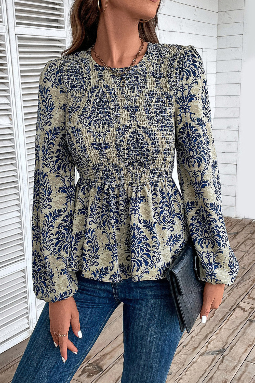 Sky Blue Boho Printed Balloon Sleeve Smocked Peplum Blouse-4