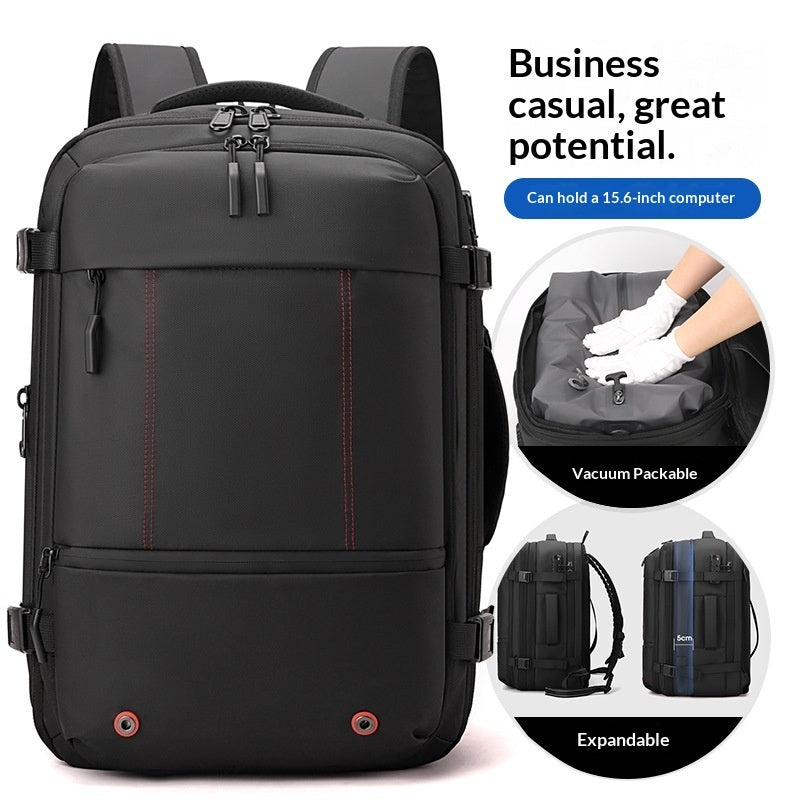 Black laptop backpack with red stitching details, shown alongside feature callouts including 'Business casual, great potential,' 'Can hold a 15.6-inch computer,' 'Vacuum Packable' with gloved hands demonstrating, and 'Expandable' showing two backpack configurations.