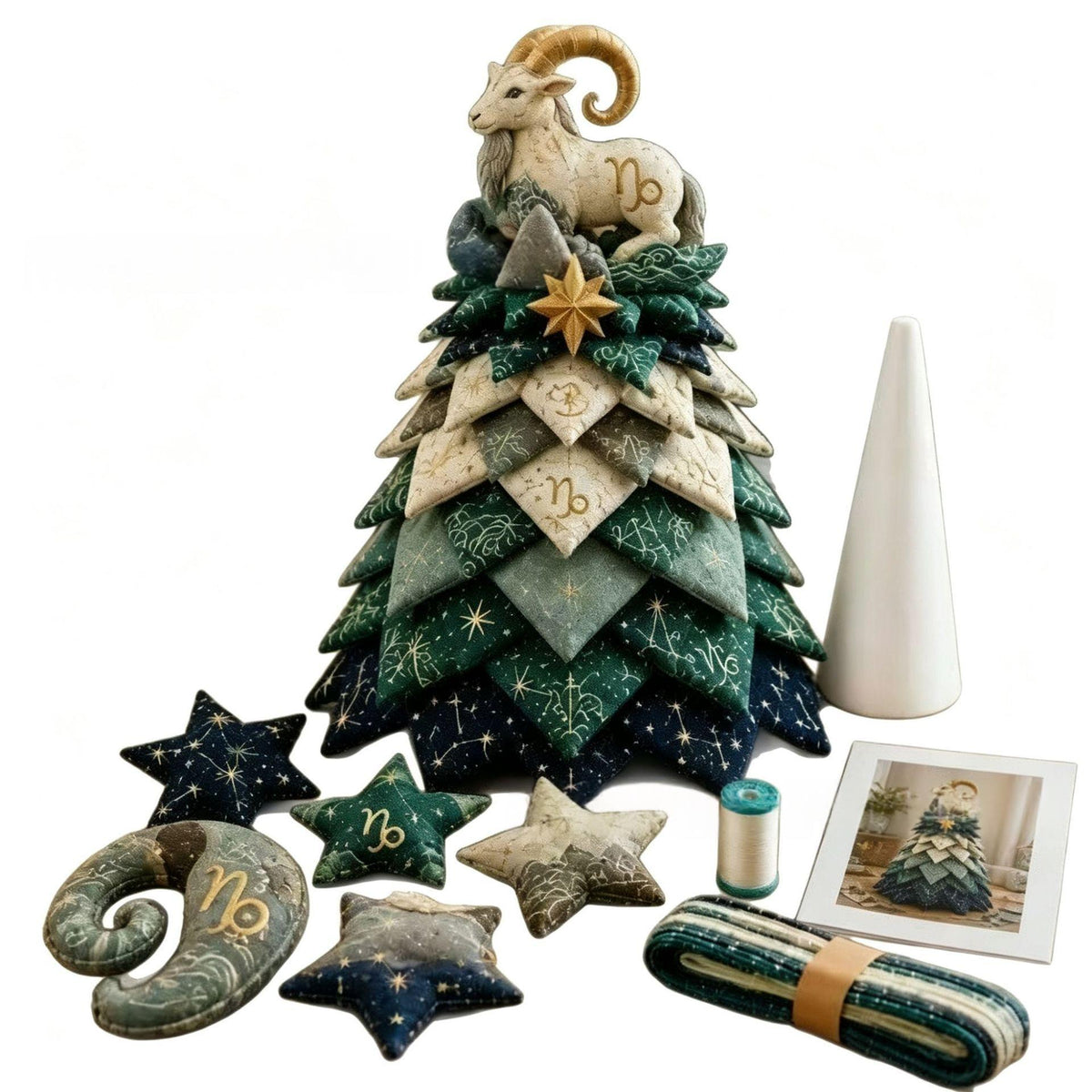A handmade fabric Christmas tree ornament set featuring a tiered fabric tree topped with a cream ram figurine, surrounded by coordinating fabric stars, a crescent moon, a cone-shaped holder, a spool of thread, and a printed pattern card on a white background.