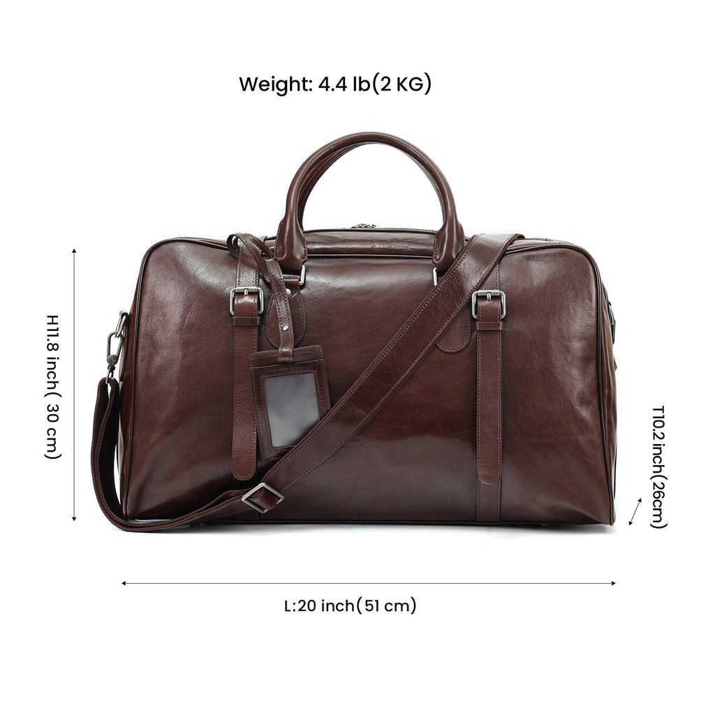 A dark brown leather duffel bag with top handles, an adjustable shoulder strap, and a luggage tag, shown with dimension lines and text indicating its weight, height, and length on a white background.
