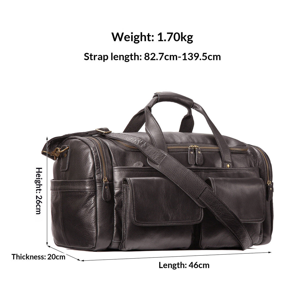 Dark brown leather duffel bag with multiple compartments, top handles, and an adjustable shoulder strap, shown on a white background with printed dimensions and weight information.