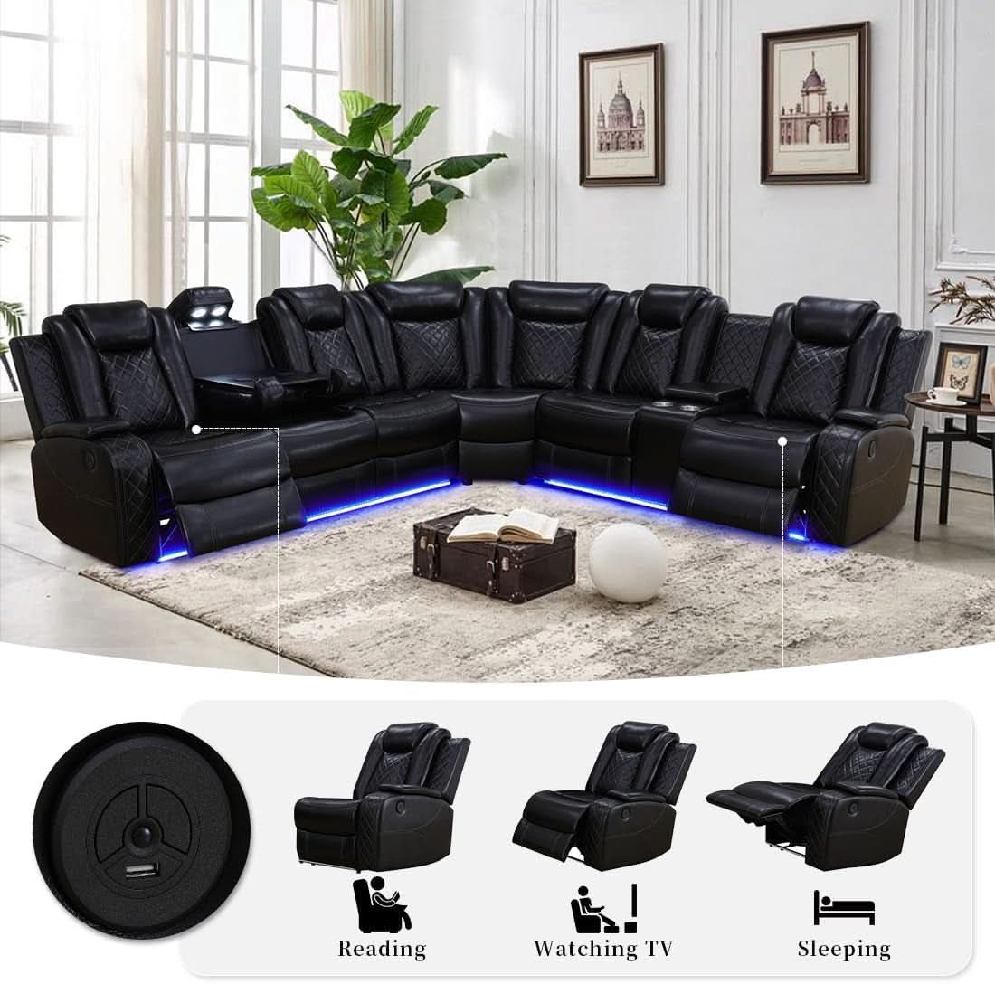 Black Leather Power Recliner Living Room Set With Cup Holders-2