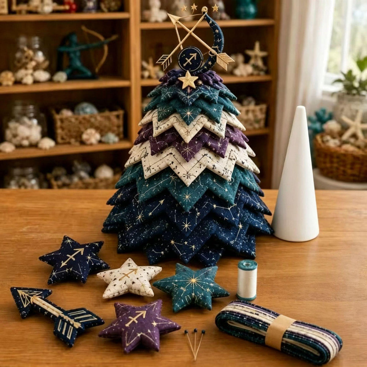 A handmade fabric Christmas tree ornament made of layered chevron fabric pieces in navy, teal, and purple, topped with a star and moon topper. It sits on a wooden table alongside other matching fabric star and arrow ornaments, a cone-shaped white holder, and a folded bundle of fabric, with a cozy, decorated room in the background.