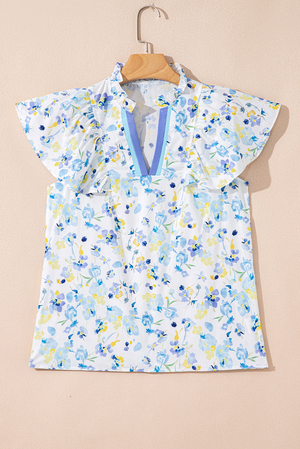 Sky Blue Floral Print Frilled Notched V Neck Blouse-2