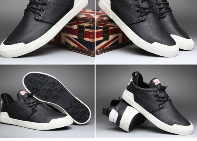 Black and white sneakers shown from multiple angles with a Union Jack box in the background.